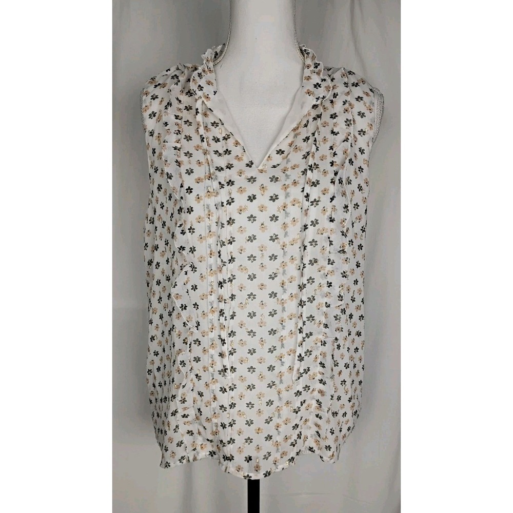 Ann Taylor  Women's  Sleeveless Blouse Ruffled Neck Floral Ivory Sz M New